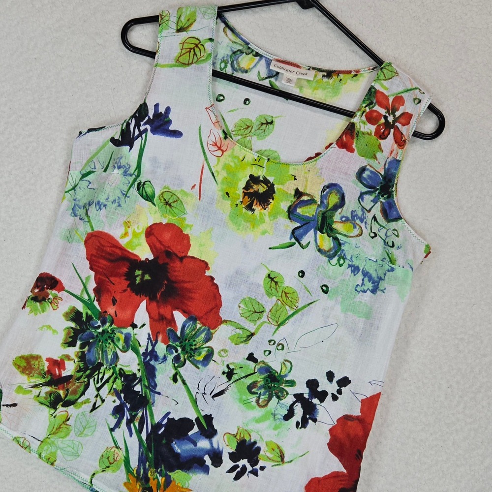 Coldwater Creek Floral 100% Linen Top Womens‎ M Multicolor Sleeveless Side Zip